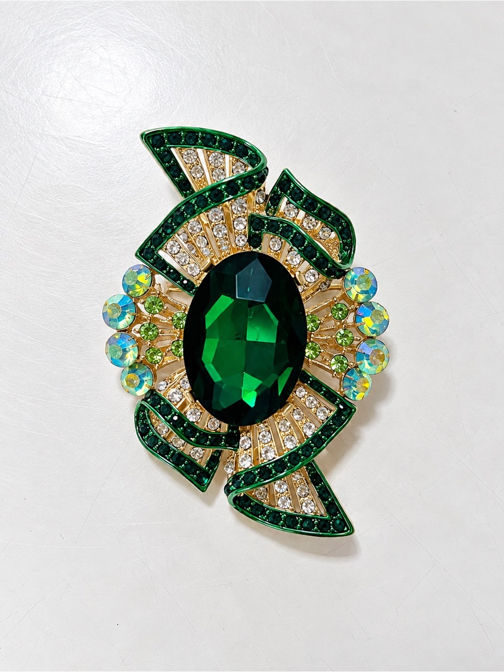 Elegant Green Crystal Statement Brooch - Brand